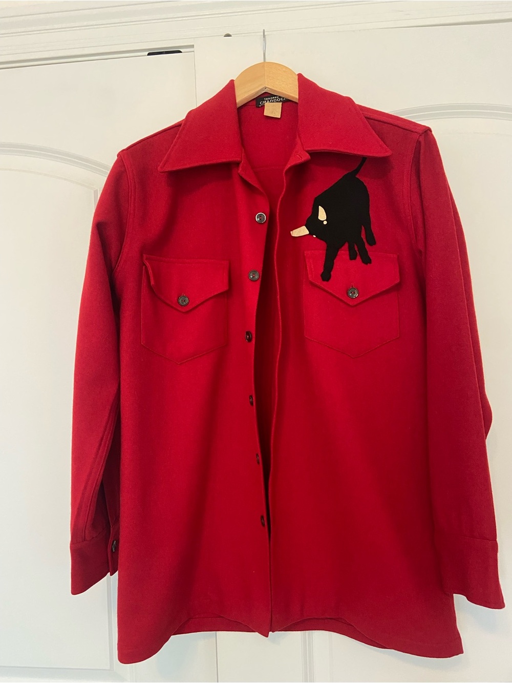 Vintage 1970s Red Wool Shirt Jac-Shirt Bull Appliqué Western Ranchwear Jacket